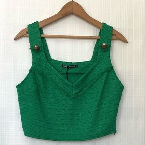 NWT Zara Emerald Green Tweed Crop Top with Gold Button Straps